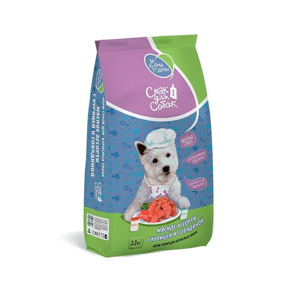 Корм сухой д/взрослых собак За Корма Родины Смак д/собак. Мясное ассорти С курицей и говядиной упак 2,2кг