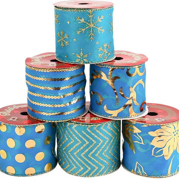 Набор новогодних лент Miland Изящный бирюзовый с золотым принтом 6.3см*2.7м 24шт