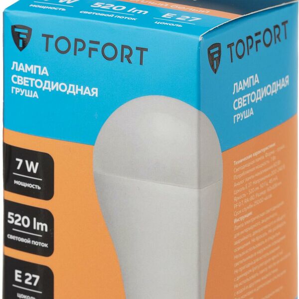 Лампочка светодиодная E27 TOPFORT, 7 Вт, 3000K, груша