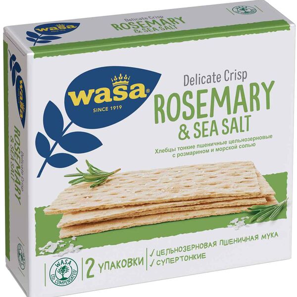 Хлебцы пшеничные цельнозерновые Wasa тонкие Delicate Crisp Rosemary & Sea salt с розмарином и морской солью