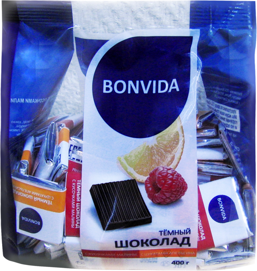 

Шоколад темный BONVIDA Ассорти с кусочками малины и цукатами апельсина 400 г