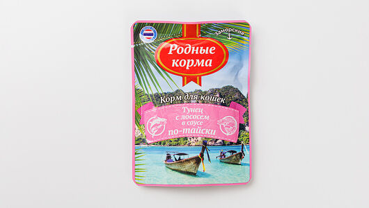 Влажный корм для кошек Родные корма Заморские Тунец с лососем в соусе по-тайски 70г