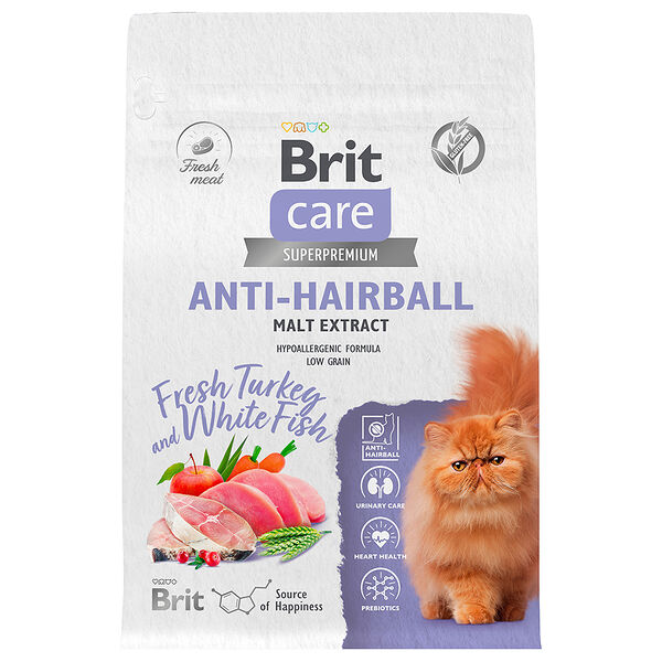 Сухой корм для кошек Brit Care Cat Anti-Hairball Индейка/Белая рыба