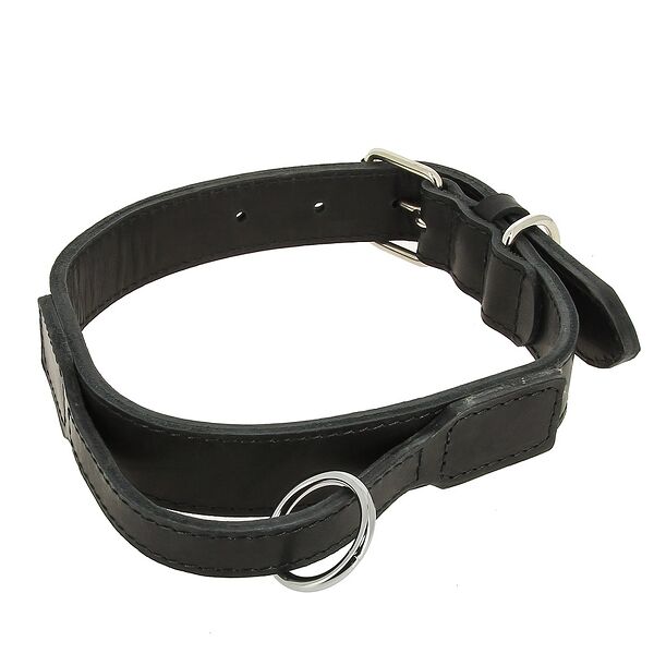 Ошейник кожаный двойной прошитый с кожаной ручкой, ширина 35мм, обхват шеи 50-65см