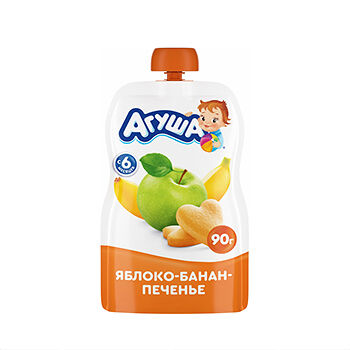 Детское фруктовое пюре Агуша Яблоко-Банан-Печенье в мягкой упаковке, с 6 месяцев, 90г