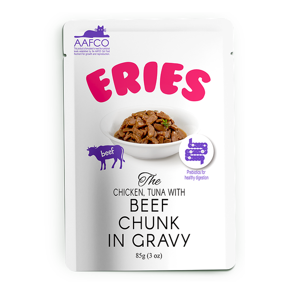 Влажный корм Pettric ERIES для любых кошек Говядина с курицей и тунцом, кусочки в соусе 85г