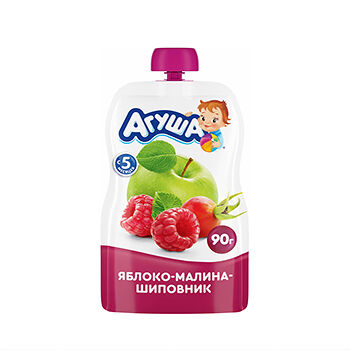 Детское фруктово-ягодное пюре Агуша Яблоко-малина-шиповник, с 5 месяцев, 90 г
