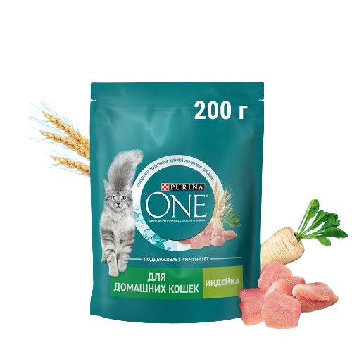 Сухой корм Purina ONE® для взрослых кошек, живущих в домашних условиях, с высоким содержанием индейки и цельными злаками, Пакет, 200 г