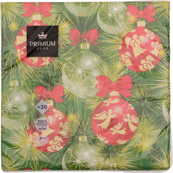 Салфетки бумажные PREMIUM CLUB Украшения на новогоднюю ель 3-слоя 33х33см, 20шт