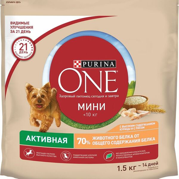 Корм сухой Purina One Mini с курицей и рисом для взрослых собак мелких и карликовых пород при активном образе жизни 1.5кг