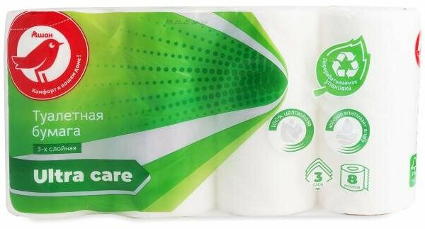 Туалетная бумага АШАН Красная птица белая, 3 слоя, 8 рулонов