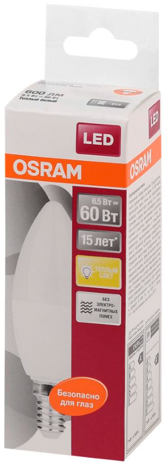 

Светодиодная лампа Osram теплый свет E14 6.5Вт свеча