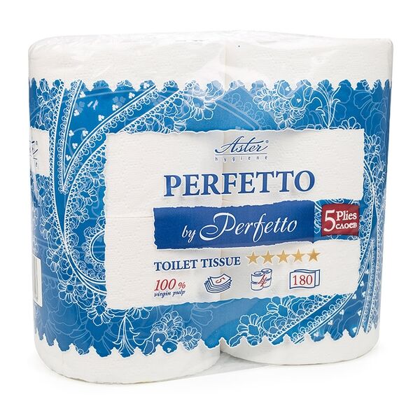 Туалетная бумага Aster Perfetto by Perfetto 5-ти слойная белая, с тиснением, 4 рулона