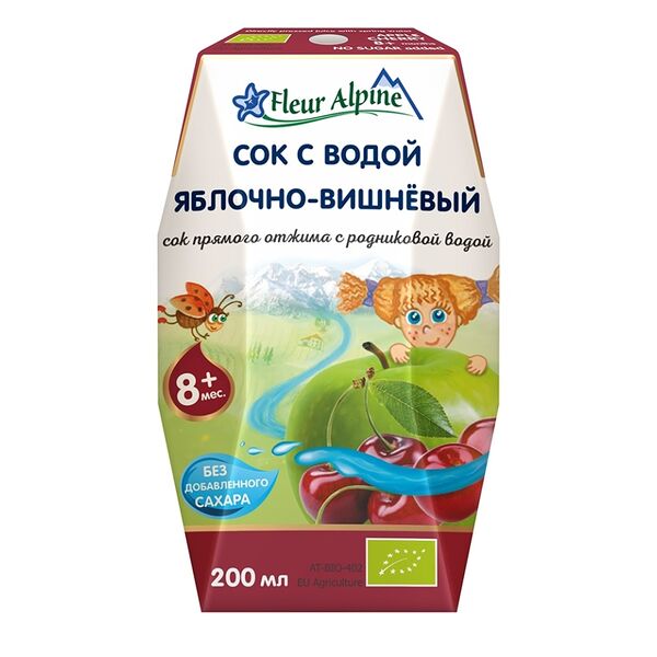 Сок прямого отжима Fleur Alpine с родниковой водой яблоко-вишня с 8 месяцев 200 мл