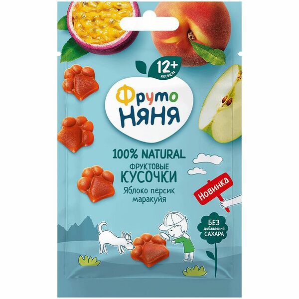 Кусочки ФрутоНяня фруктовые из яблок персиков и маракуйи с 12 месяцев, 15г