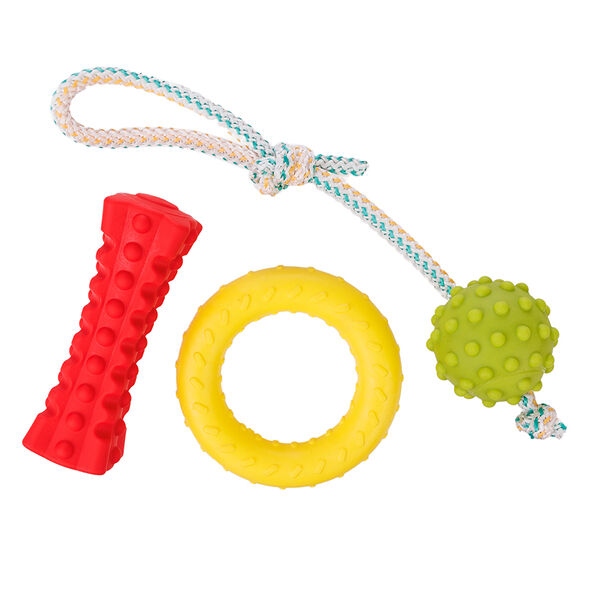 Комплект игрушек для собак: мяч на веревке, палка кусалка, кольцо