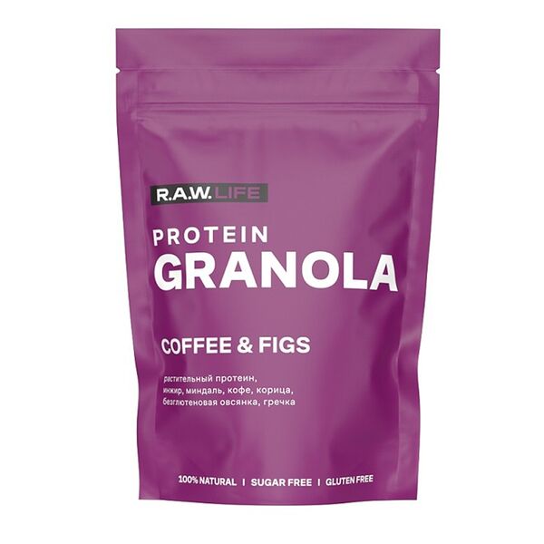 Гранола безглютеновая R.A.W.Life PROTEIN GRANOLA COFFEE&FIGS Кофе-Инжир (без сахара)