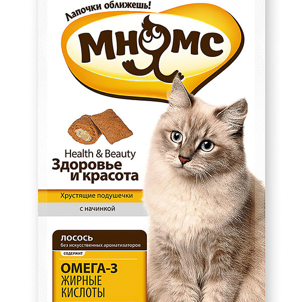 Хрустящие подушечки для кошек Здоровье и красота Мнямс с начинкой Лосось