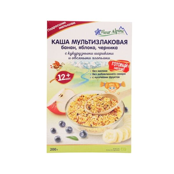 Каша мультизлаковая с бананом, яблоком и черникой, с 12 мес, Fleur Alpine