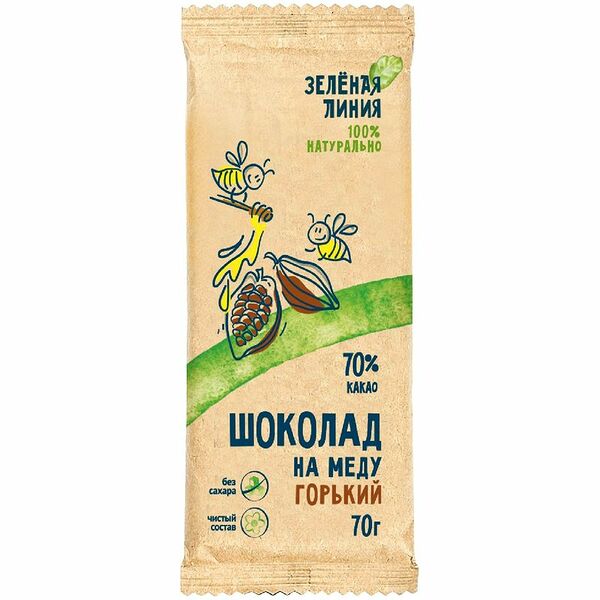 Шоколад горький Шоколад на меду классический 70% Зелёная Линия, 70г