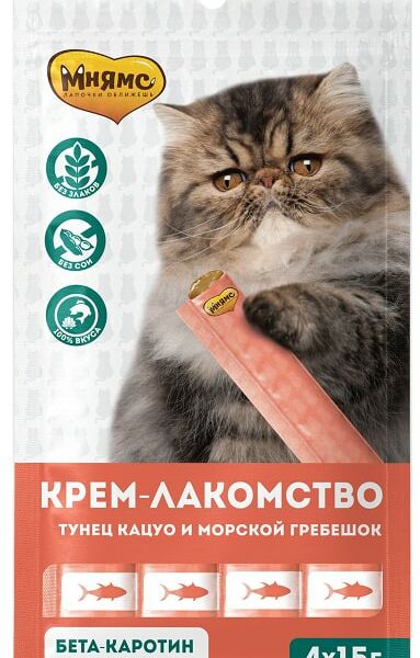 Крем-лакомство для кошек Мнямс с тунцом Кацуо и морским гребешком 15г*4шт