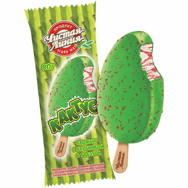 Эскимо Чистая Линия Кактус пломбир с лимоном-клубникой в глазури 12%, 80г