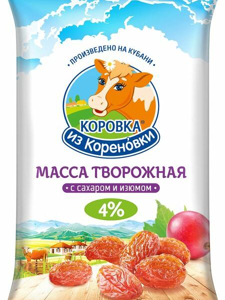 Масса творожная Коровка из Кореновки с сахаром и изюмом бзмж 4% 180г