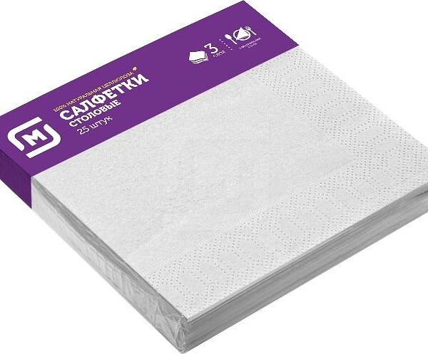 Салфетки Магнит бумажные белые 3 слоя, 25 шт.