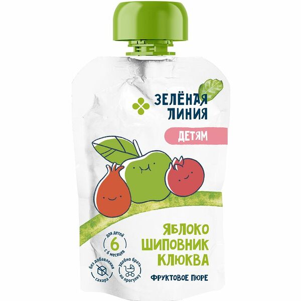 Пюре из яблок шиповника и клюквы с 6 месяцев Зелёная Линия, 90г