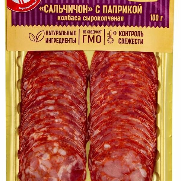 Колбаса сырокопченая Ашан Красная птица Сальчичон с паприкой в нарезке