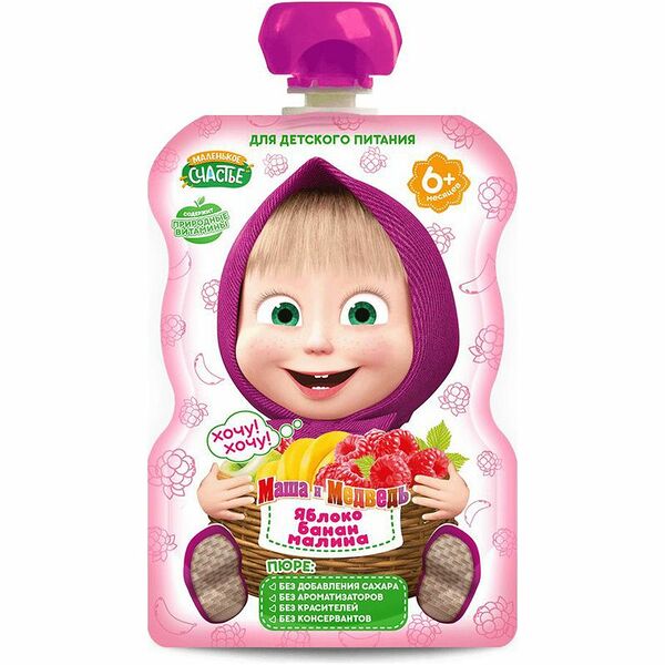 Пюре Маленькое счастье яблоко-банан-малина с 6 мес. 90г