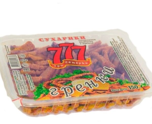 Гренки 777 ржано-пшеничные, охотничьи колбаски с хреном
