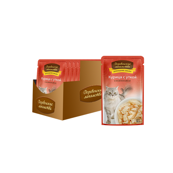 Корм для кошек ДЕРЕВЕНСКИЕ ЛАКОМСТВА Курица с уткой в нежном желе пауч 70г (упаковка - 12 шт)
