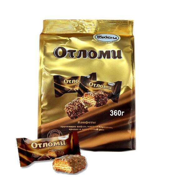 Конфеты оригинальные Отломи Акконд с хрустящими вафлями, мягкой карамелью, арахисом и воздушным рисом 360 г