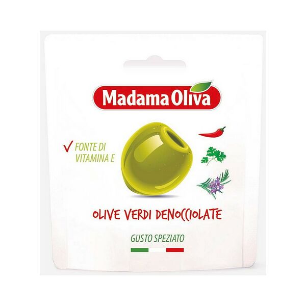 Оливки Итальянские зеленые без косточки со специями 30г Madama Oliva