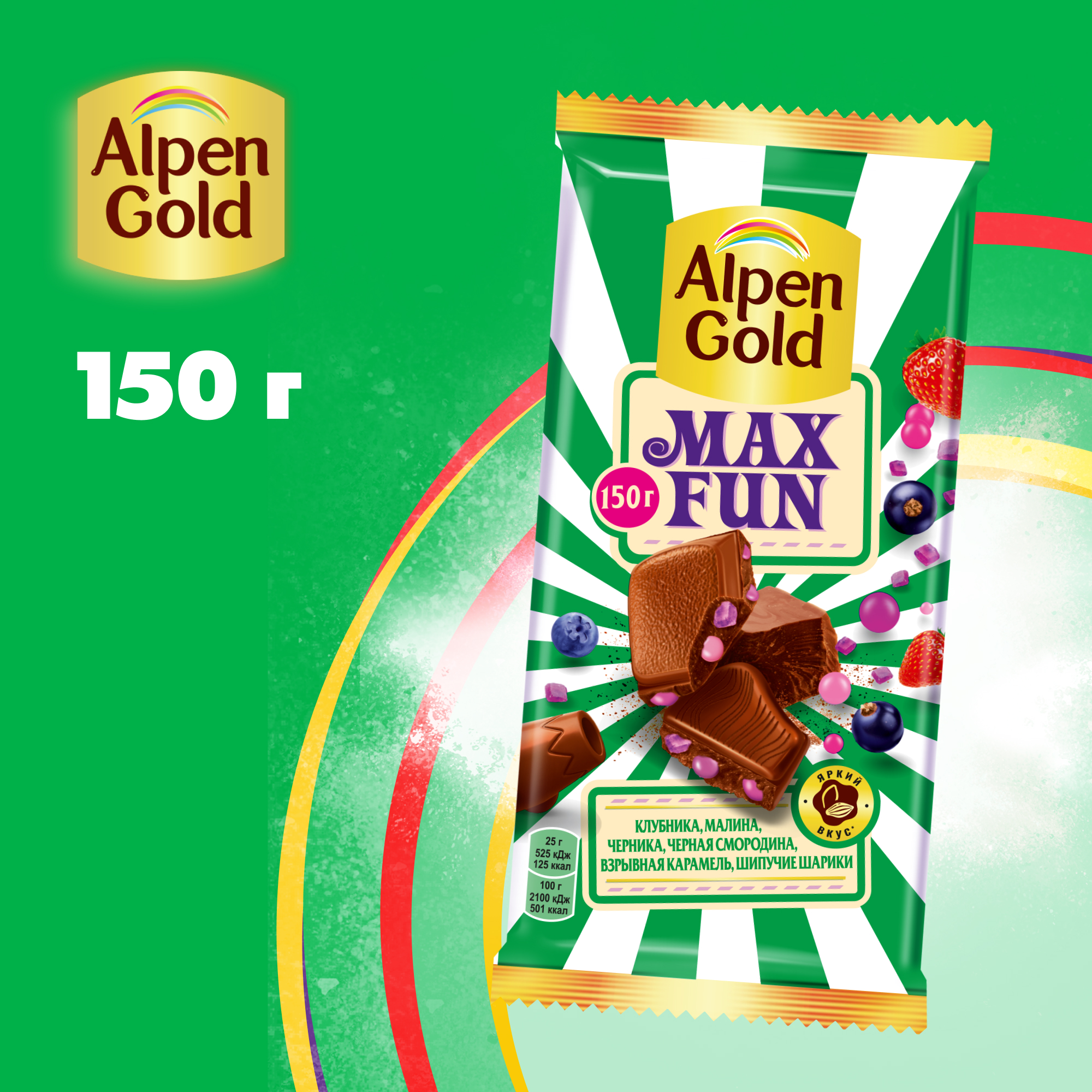 

Шоколад молочный Alpen Gold Max Fun Клубника, малина, черника, чёрная смородина, взрывная карамель, шипучие шарики, 150 г