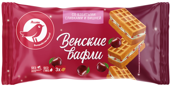 Вафли венские АШАН Красная птица со взбитыми сливками и вишней, 112 г