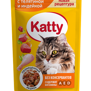 Корм Katty с телятиной и индейкой в соусе для кошек 85г