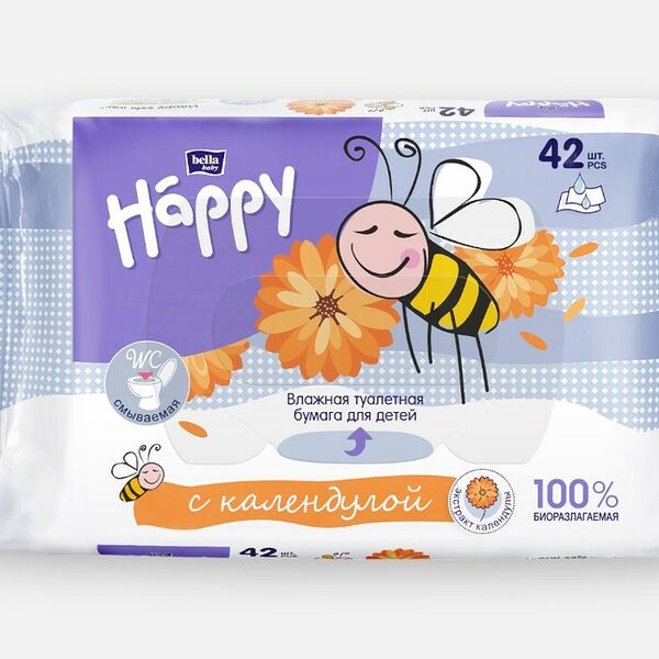 Бумага туалетная влажная детская bella baby Happy с экстрактом календулы 42 шт