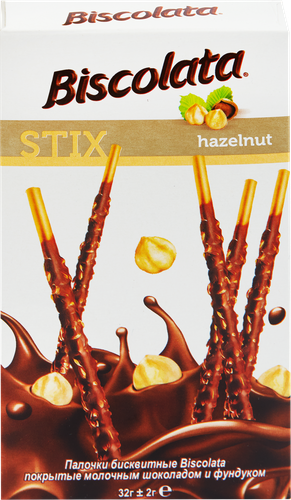 

Палочки бисквитные Solen Biscolata stix hazelnut молочный шоколад и фундук 32 г