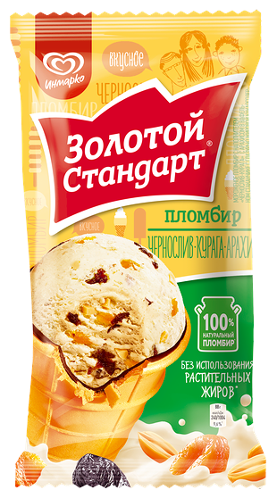 Мороженое пломбир Золотой стандарт c Черносливом Курагой и Арахисом в вафельном стаканчике 88 г