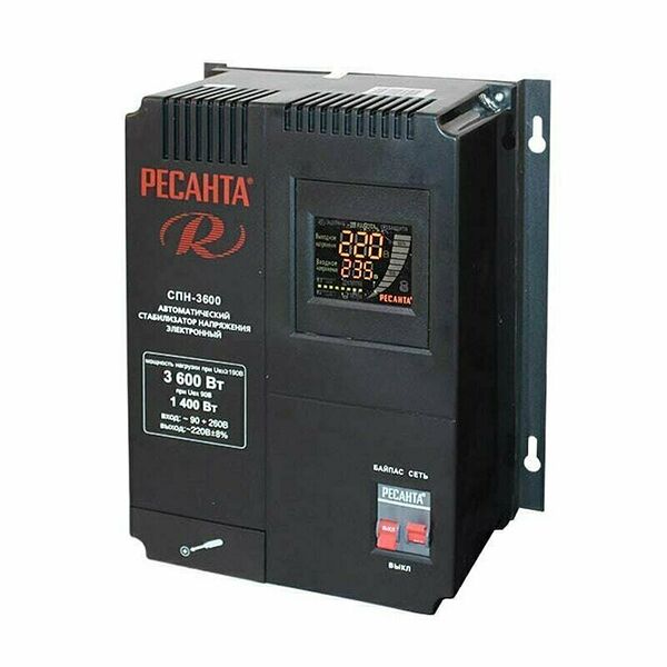 Стабилизатор напряжения Ресанта СПН-3600 (однофазный, 90 В - 260 В, 18,9 А, 3,6 кВт, 50 Гц, клеммы, LCD-дисплей)