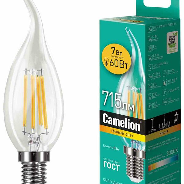 Лампа светодиодная Camelion E14 3000К свеча, 7 Вт