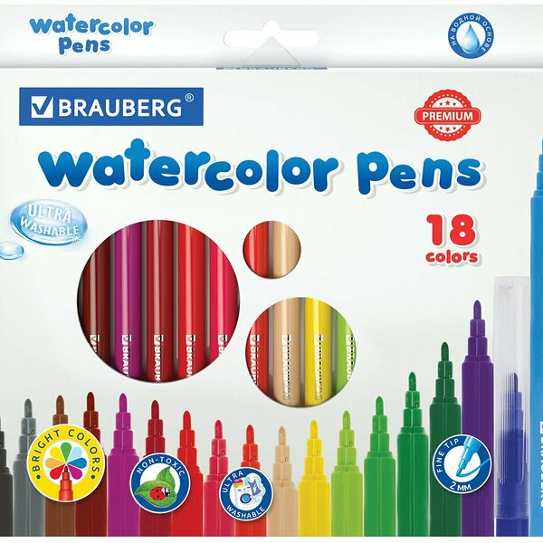 Фломастеры BRAUBERG Premium ультрасмываемые, 18 цветов, Арт. 151939, 18шт