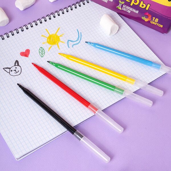 Смываемые фломастеры, Фабрика Цвета, 18 цветов, в ассортименте