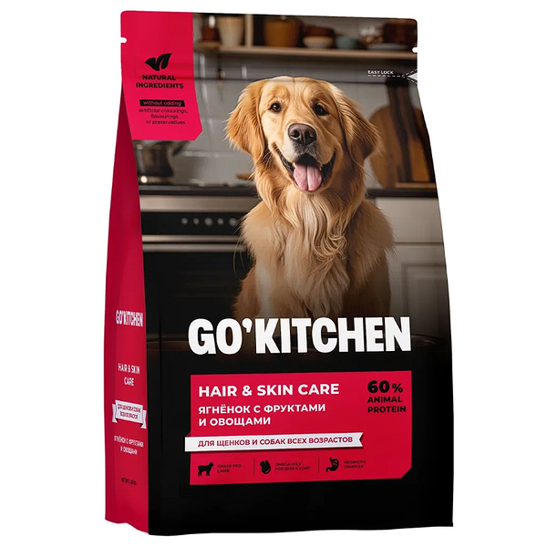 Сухой корм для щенков и собак всех возрастов со свежим ягненком, фруктами и овощами Go'Kitchen HAIR+SKIN CARE Lamb 5440г