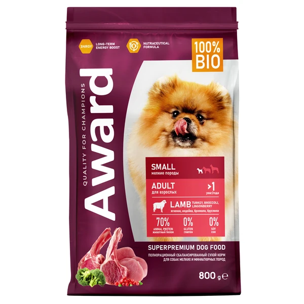 

Сухой корм Award для взрослых собак мелких и миниатюрных пород с ягненком и индейкой с добавлением брокколи и брусники 800 г