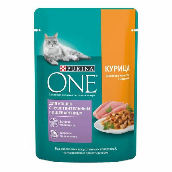 Purina One пауч для кошек с чувствительным пищеварением (кусочки в подливе) Курица