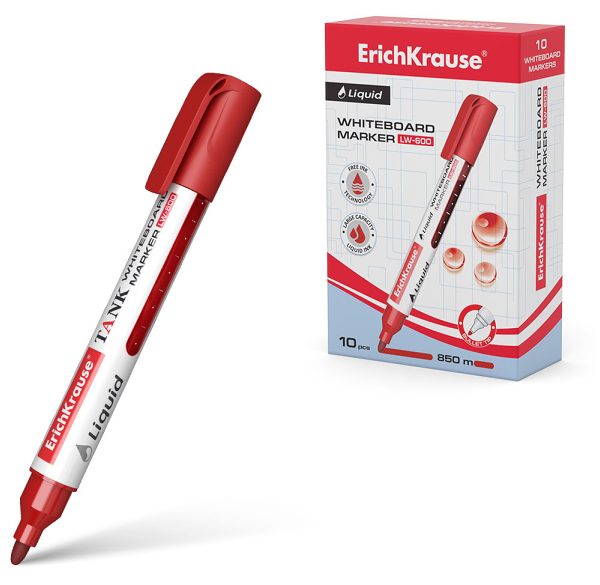Маркер для досок ErichKrause Liquid LW-600 с жидкими чернилами красный, 1 шт