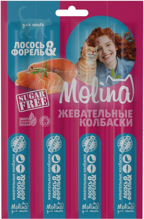 

Лакомство для кошек Molina жевательные колбаски Лосось и форель 20 г